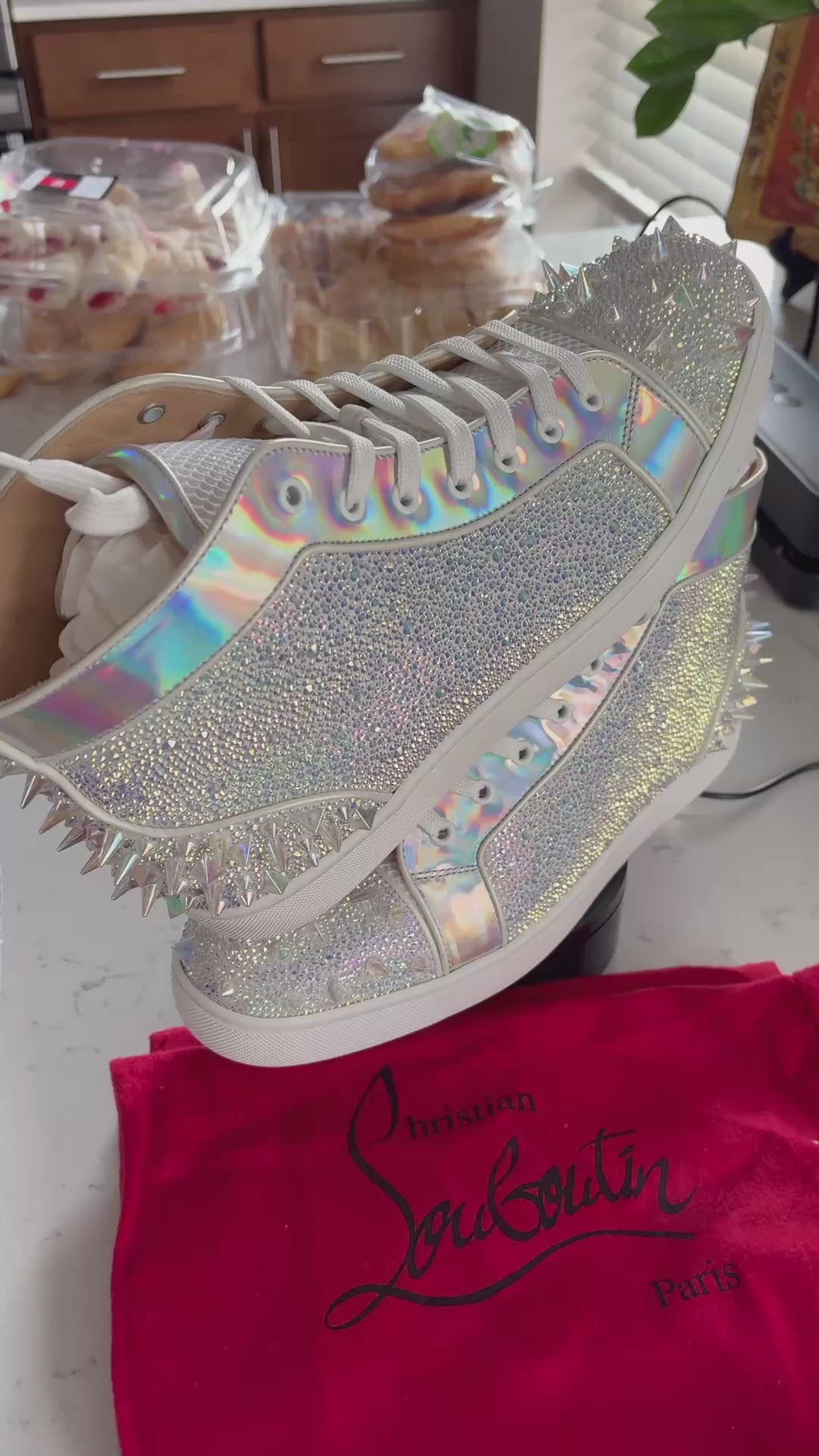 Christian Louboutin Louis Spikes Crystal High-Top Sneakers — Size 46